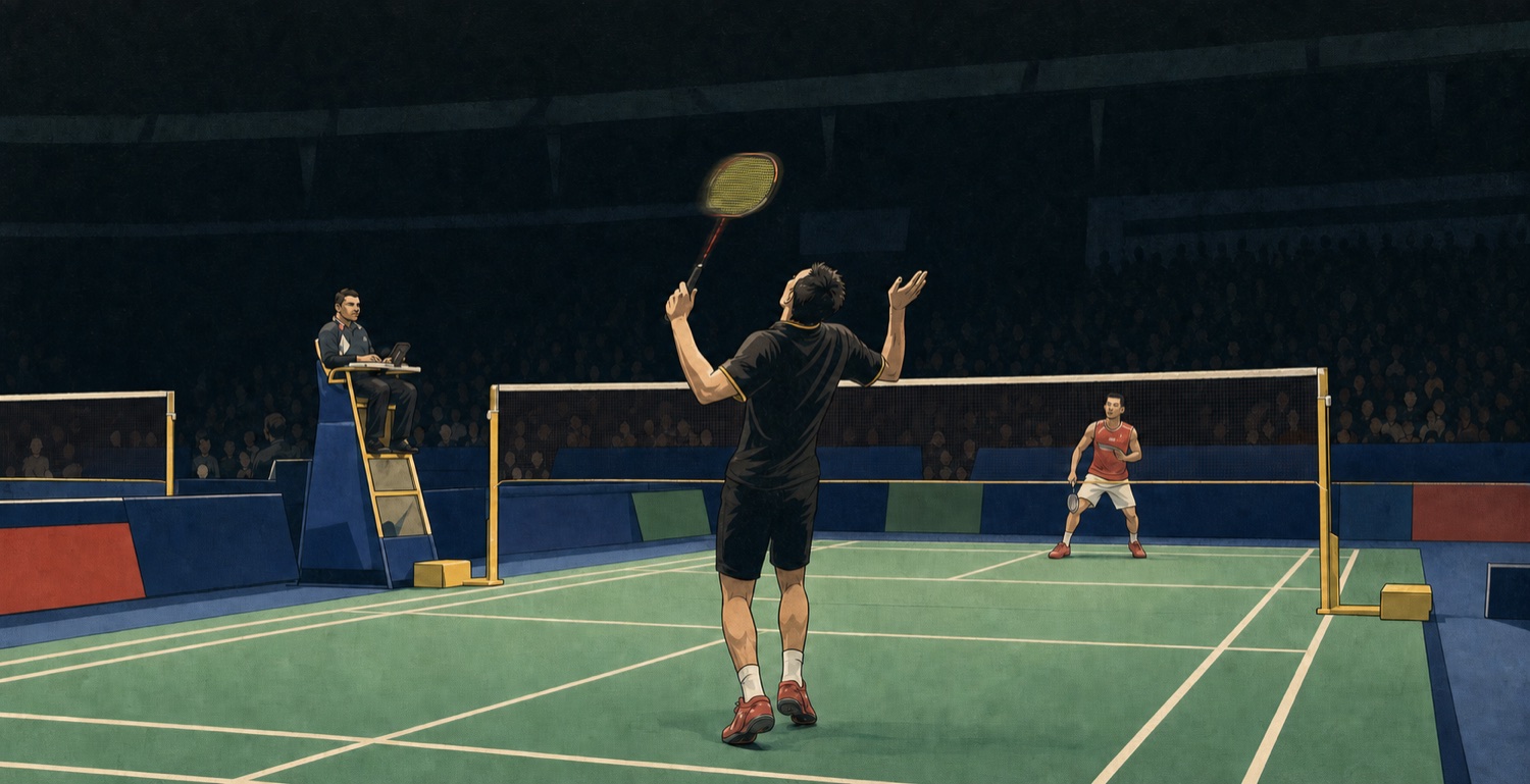 Badminton player preparing for an overhead stroke on court